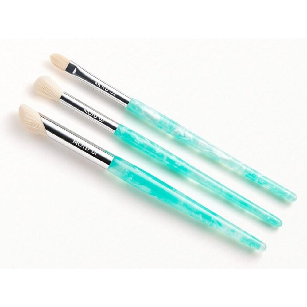 MOTD Cosmetics 3-Piece Makeup Brush Set Aqua Handles BONUS Yellow Wave Pouch